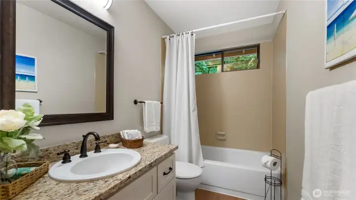 The upstairs hall bath offers new granite counters, sink and fixtures. The luxury plank flooring continues into this bathroom as well.