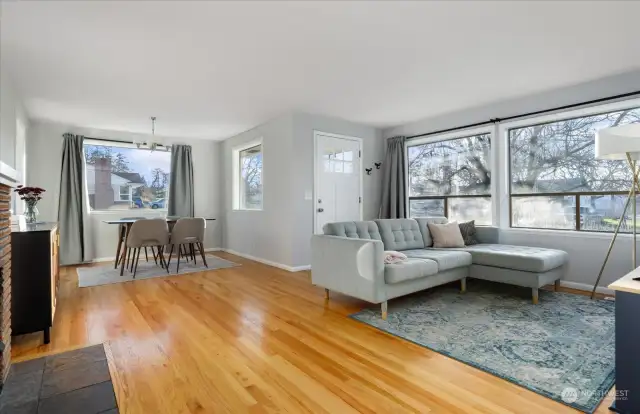 Fireplace on the left and dining area