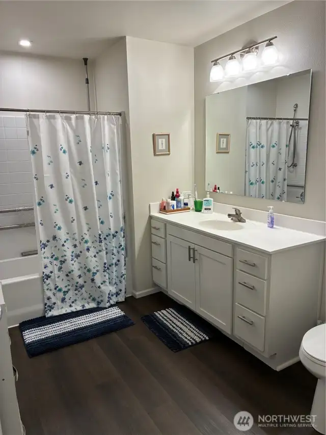 Full bath with low threshold tub, grab bars, tub can be set up with handicap seat for easy transfers.
