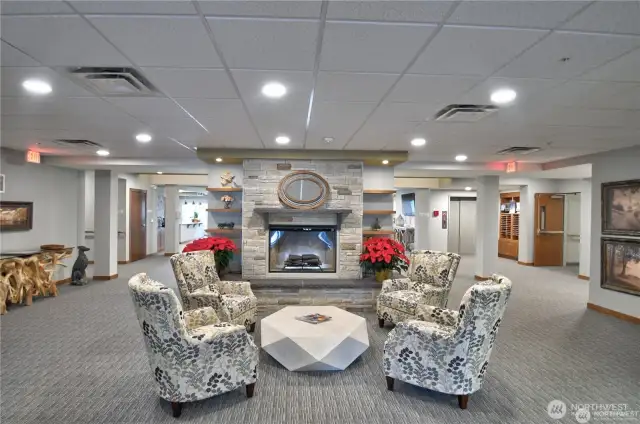 Entry area has fireplace and a cool place to gather with friends.
