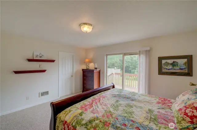 Main floor primary bedroom with walk in closet and access to the south facing rear deck. The doorway goes to the walk in closet.