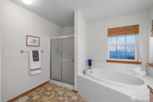 Jetted tub for incredible relaxation.  Walk-in shower for easy bathing.