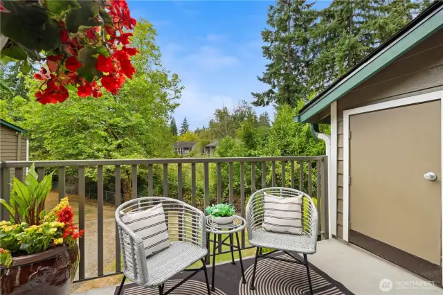 Spacious deck looks over a lovely pond. Storage unit through the door on the right.