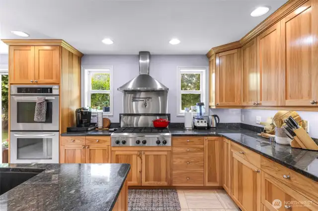 Kitchen Aid stainless steel appliances, pot filler above stove, double ovens (top one is convection).