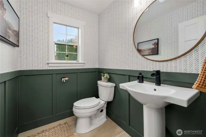 on your way to the garage you'll find a half bath