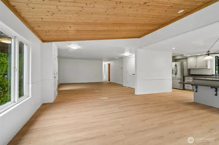 Large living room and family room open to kitchen