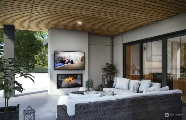 Rendering of the covered outdoor living area with fireplace