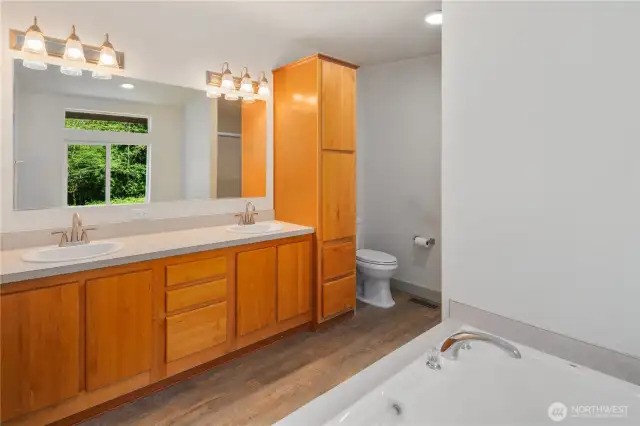 Master 5 peace Bathroom with lots of draws, cabinets and linen closet.