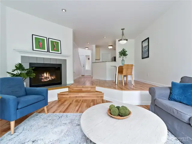 Living room with wood burning fireplace