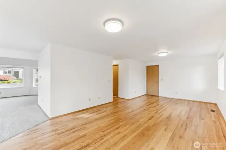 View of the open kitchen / family room area looking towards the dining room.