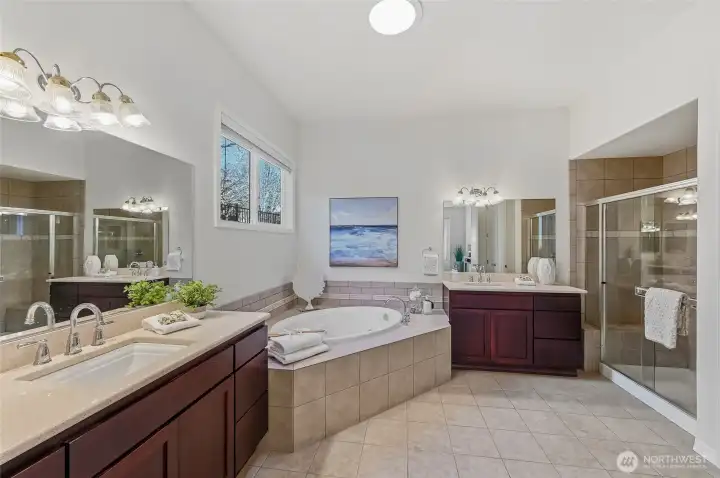 Separate vanities, corner soaking tub, step in shower and private toilet room.