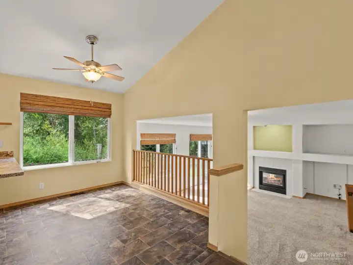 Connected with the lower level, the space is open and airy.