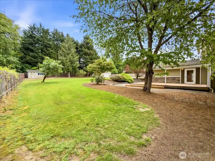 The backyard features a covered area with fans and TV perfect for entertaining no matter the weather. RV parking. A detached garage/shop and an additional shed.