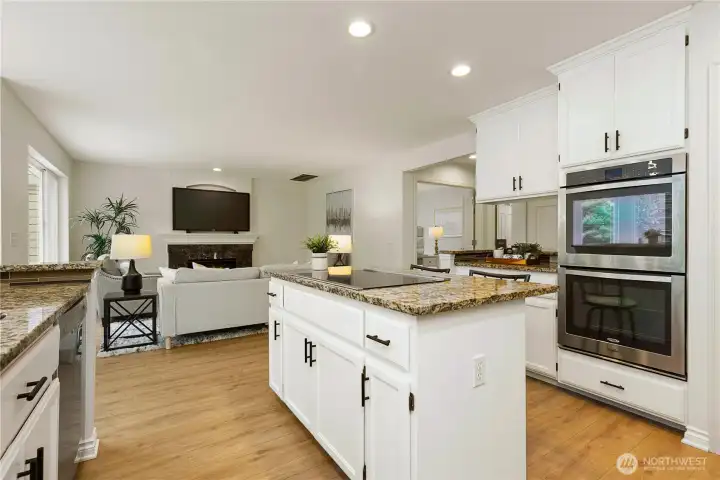 Island has both electric and gas connections to accommodate any cooktop.