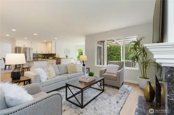Living room with fireplace for cozy evening with lots of privacy