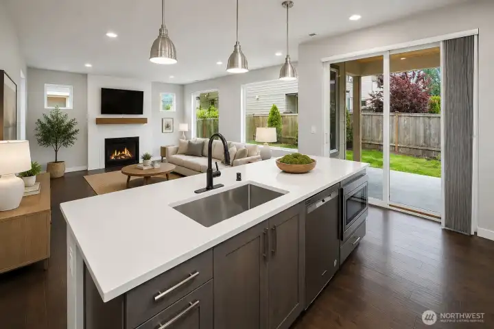Virtually Staged Chef's Kitchen open to Family Room
