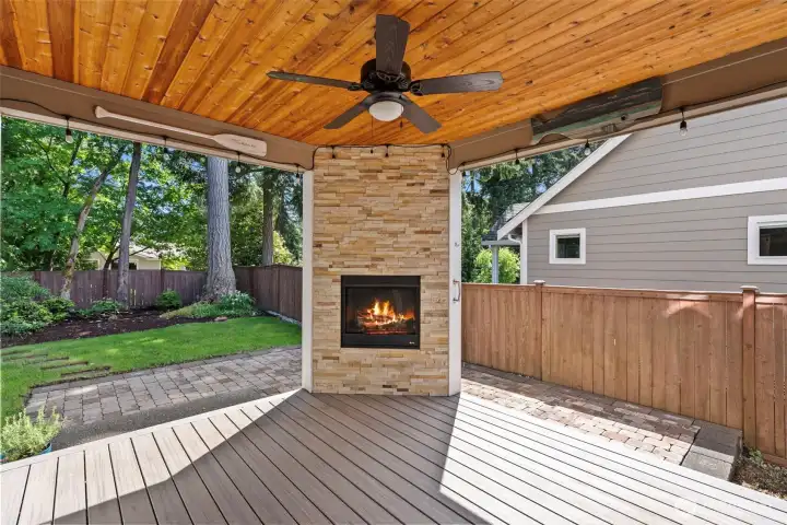 Covered deck with fireplace