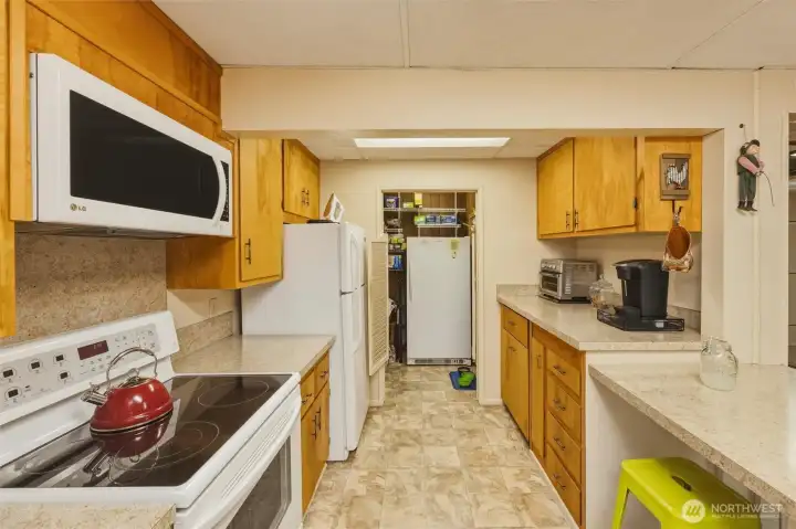 Kitchen looking into walk-in pantry.