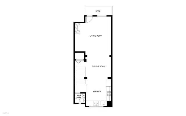 First floor layout including living, dining and kitchen, plus half bath and deck