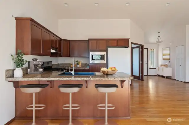 Open Concept Kitchen with Eating Counter - Tall Ceilings & Bright Windows! Virtually Staged to give you a sense of the rooms potential.