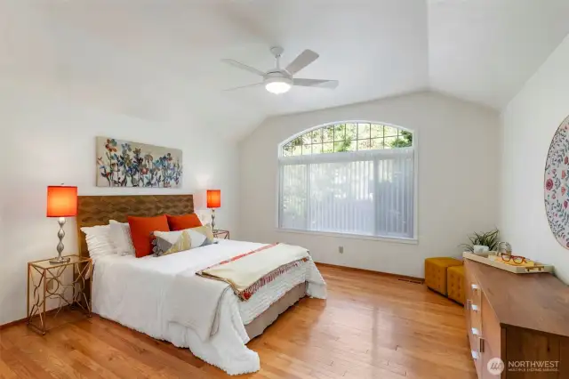 Primary suite with high ceilings, ceiling fan, hardwoods and custom blinds. Full bath & walk-in closet.