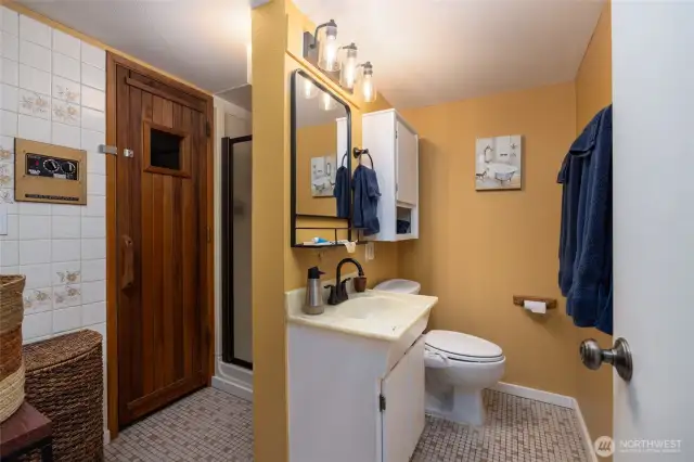 STUDIO bath with walk in shower.  Sauna is being used as a walk in closet.