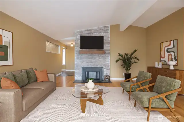 Gas fireplace is this Mid Century Modern Living space on the main floor