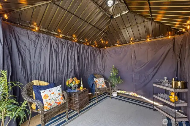 Curtains can be closed around Gazebo for Privacy or Weather