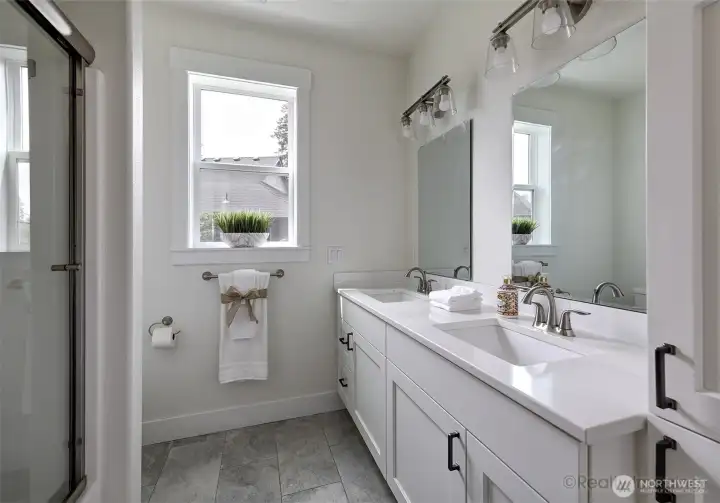 2nd full bathroom, double quartz vanity, tile floor