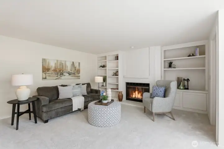 Family room off kitchen with wood burning fireplace