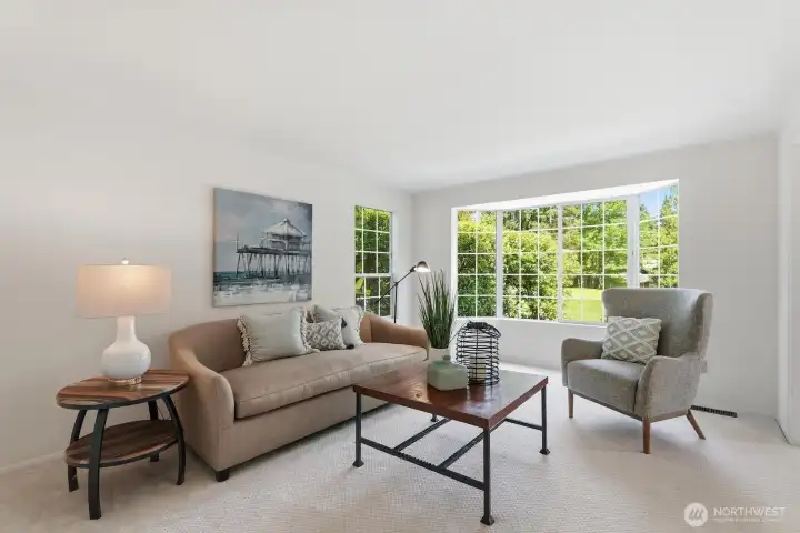 Living room with golf course view