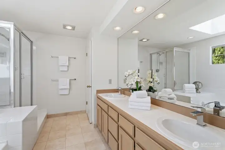 Primary bath with dual vanities, soaking tub  private toilet