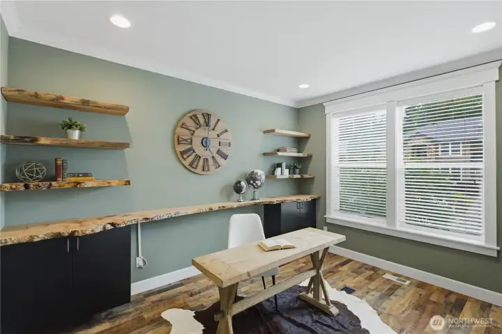 Live edge shelving in office is incredible.  You will absolutely love this work at homes space.