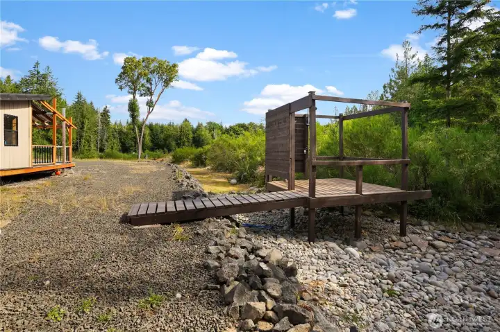 Fun outdoor shower, currently run on 300 gallon portable water tank. Fun outdoor shower, currently run on 300 gallon portable water tank.