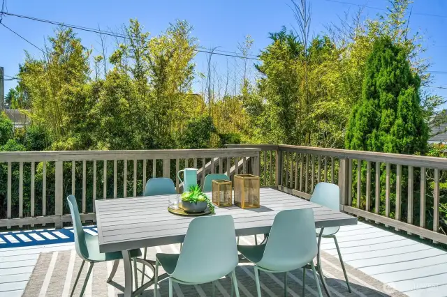 The south-facing deck is 200+sf and flows to the lower deck that covers the entire back yard.