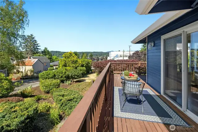 Wrap around view deck with marina, water and moutain views