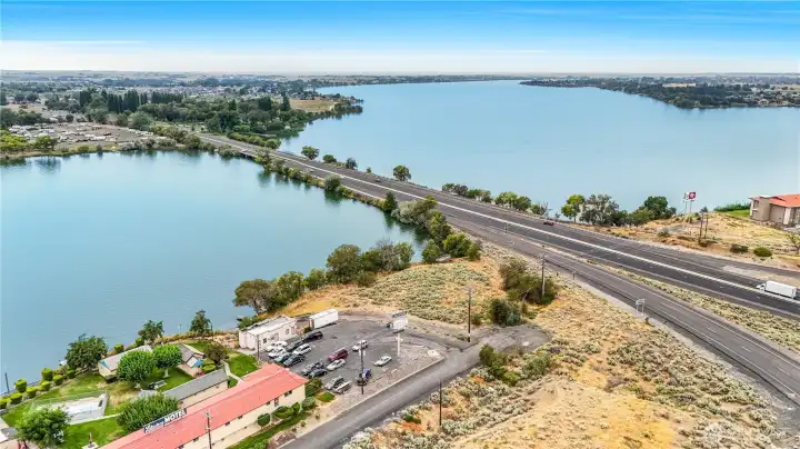 Wide shot of the property highlighting its rare waterfront location
