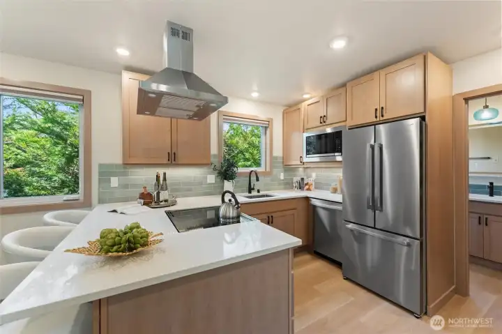 Italian tile and quartz countertops.