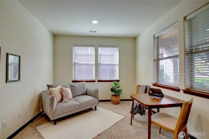 Front office/den with built-in bookcases.