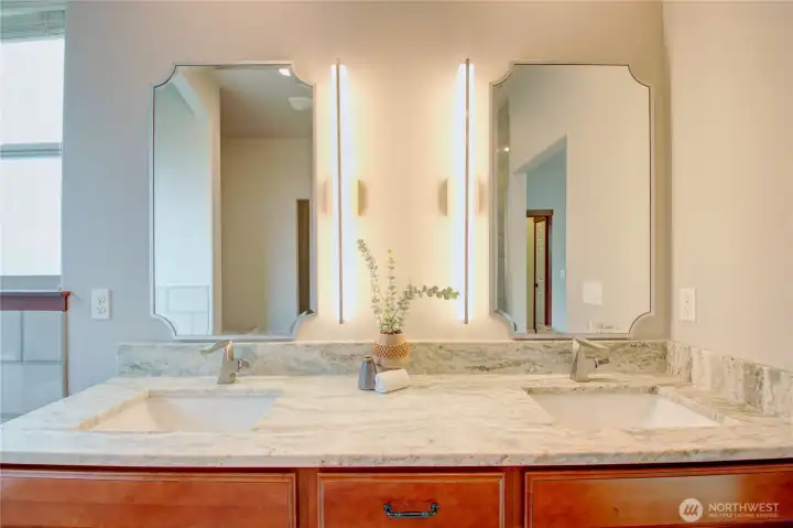 Primary bath with double vanity.