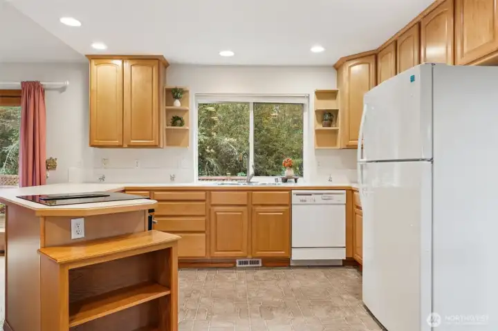 Closer view of the kitchen.