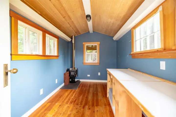 Interior of Studio with tiny woodstove!