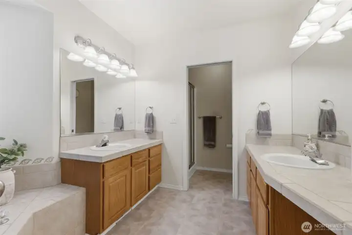 Soaking tub, dual sinks/counters, shower in the primary ensuite