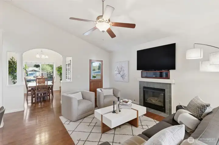 Living room looking into formal dining room