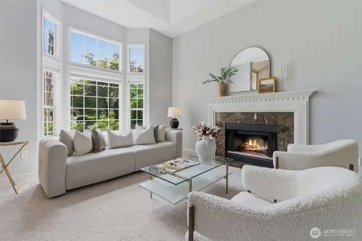 Bright living room with large windows, marble-surround fireplace, and elegant finishes.