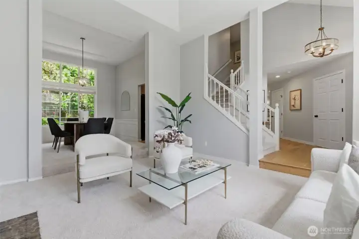 Sunken living room gives natural separation of living spaces.