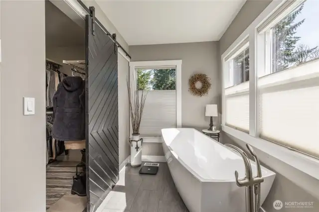 Primary bath includes walk-in closet and free-standing tub