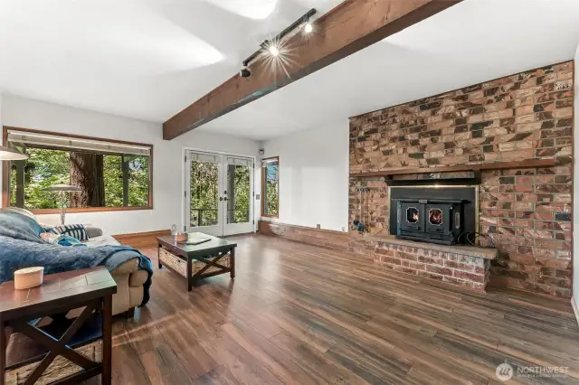 Downstairs family room with wood burning stove