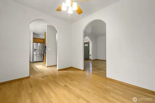 Entry into kitchen and living room from dining room.