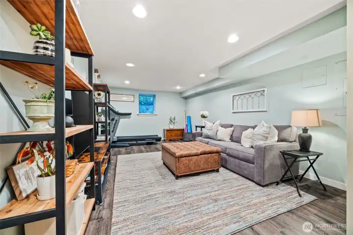 Spacious additional recreation/media room with vinyl plank flooring.